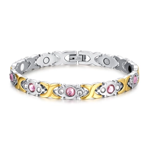Magnetic therapy bracelet with X-link design in silver gold and pink crystals