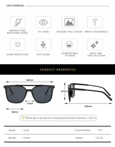 Detailed size chart and specifications for square double-bridge sunglasses model 9150