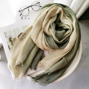 Linen blend gradient scarf in beige and army green with elegant fringe details