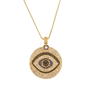 Gold Evil Eye disc necklace with micro-paved blue and white zircon on a box chain