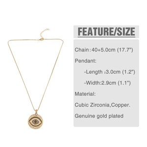 Detail view of Evil Eye disc pendant with CZ stones and product size specifications