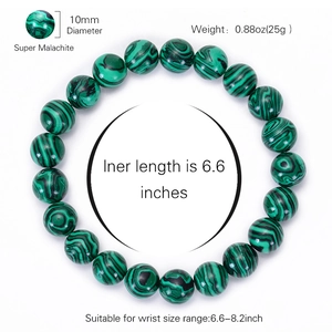 Natural 10mm malachite beaded bracelet with detailed specifications and dimensions
