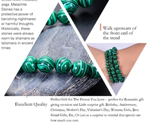 Macro detail of natural malachite beaded bracelet with unique green banded patterns