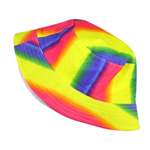 Close-up of rainbow striped cotton bucket hat with reinforced stitching on brim