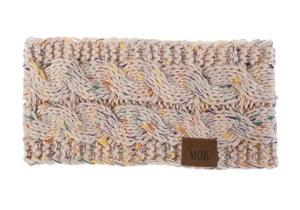 Detail of cable knit headband in beige with colorful specks and brown leather brand label