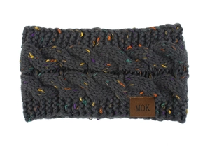 Macro view of cable knit winter headband in dark gray with speckled multi-color details