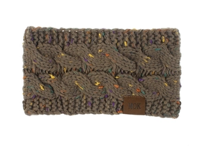 Macro detail of dark brown cable knit headband featuring colorful fiber flecks and MOK leather tag