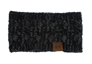 Macro shot of thick twist knit texture on black and grey winter ear warmer with leather tag