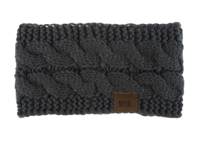 Detailed knit texture and brown leather label on dark grey winter headband
