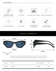 Detailed size chart for geometric PC frame sunglasses with UV400 protection and lens dimensions