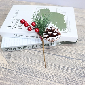Christmas Artificial Pine Needle Berry Branch Natural Pine Cone Snow Flocked Pick Holiday Home Decor Festive Floral Spray