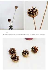 Detail of natural dried pine cones with bendable wire stems for DIY floral arrangements