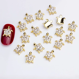 Golden turtle nail art charms with white rhinestones set of 15 pieces for DIY manicure