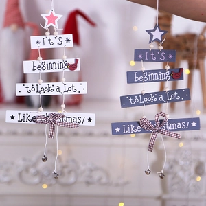 Christmas Wooden Tree Hanging Ornament Star Plaid Bow Bell Lettering Design Festive Wood Sign For Home Door Wall Decor