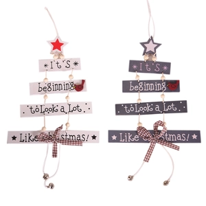 Christmas tree wooden hanging ornaments with star topper and checkered bows