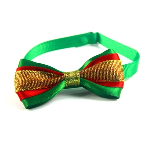 Detail of festive red and green pet bowtie with adjustable strap for Christmas