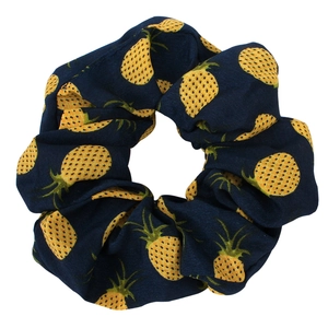 Navy blue fabric scrunchie with yellow pineapple print for women hair styling