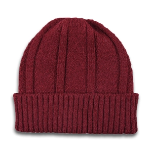 Detail of burgundy knitted beanie showing thick ribbed texture and wide fold-over cuff design