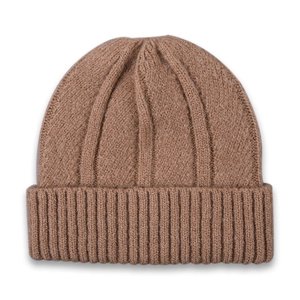 Macro shot of dark camel ribbed knit texture on a warm winter beanie hat for kids