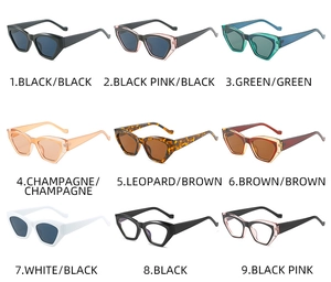 Detailed grid view showcasing various color options and frames for geometric cat-eye eyewear