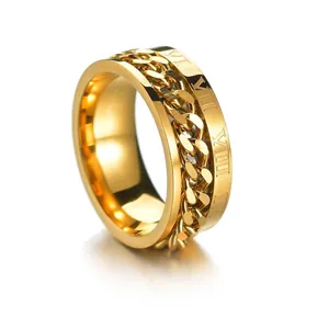 Gold stainless steel spinner ring with rotatable Cuban chain and Roman numerals