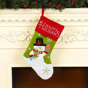 Festive embroidered Christmas stocking with snowman pattern and Happy Holidays text