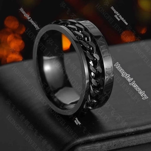 Macro shot of black stainless steel spinner ring featuring chain inlay and Roman numerals