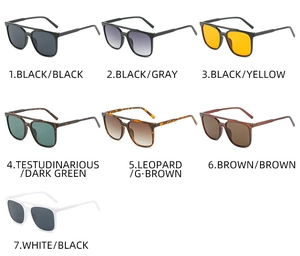 Detailed overview of square double bridge sunglasses in seven assorted color options