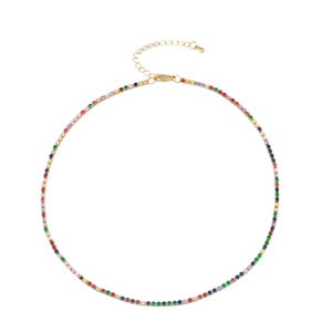 Colorful zircon tennis necklace with multi-color stones and adjustable gold chain