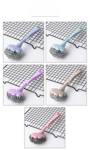 Long handle steel wool dish brushes in five colors with hanging holes and replaceable heads