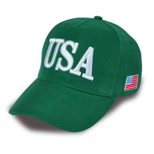 Detailed side view of dark green baseball cap with USA embroidery and flag patch