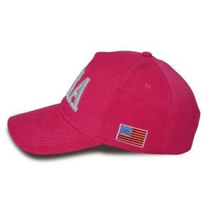 Detail of fuchsia baseball cap with American flag patch and USA embroidery
