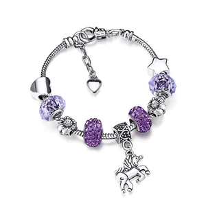 Purple unicorn charm bracelet for girls with silver snake chain and crystal beads