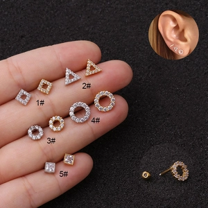 Stainless Steel Zircon Geometric Ear Cartilage Studs With Screw Back Ball Piercing Jewelry For Women