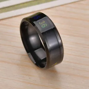 Close-up of black stainless steel temperature-sensitive ring with digital scale markings