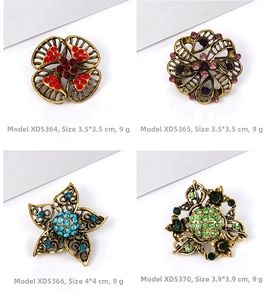 Detail view of four vintage alloy brooches with colorful rhinestones and dimensions
