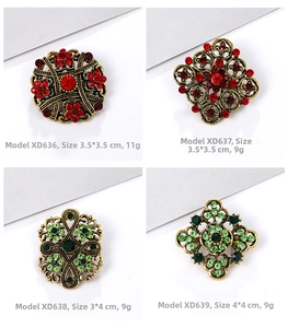 Detailed grid view of vintage alloy brooches with red and green crystal settings