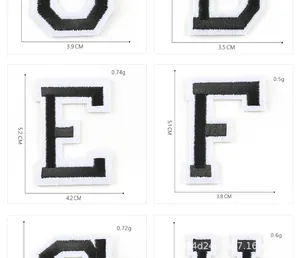 Detailed macro view showing dimensions and weight of alphabet embroidery iron-on patches