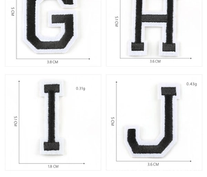 Detail of G, H, I, J alphabet embroidery patches with white borders and precise measurements