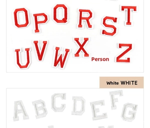 Macro detail of red and white embroidered alphabet patches with premium stitching