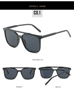 Classic black double bridge square sunglasses showing front, 45-degree and folded views