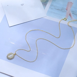 Elegant gold necklace with oval cat-eye stone flower pendant and dainty link chain
