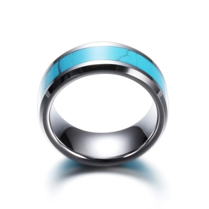 Polished 8mm stainless steel ring featuring a natural turquoise inlay on a white background