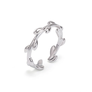Silver olive leaf open ring for women with adjustable band and S925 engraving