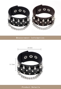 Size chart showing dimensions for punk leather bracelets with rivets and metal chains