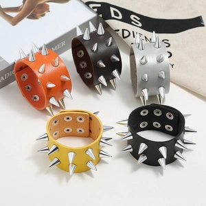 Punk style faux leather bracelets with silver spikes in multiple colors for men