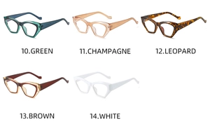 Close-up of cat-eye glasses frames in green, champagne, leopard, brown and white colors