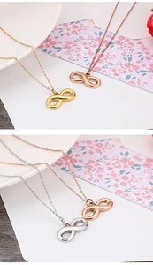 Detailed view of infinity pendant necklaces in gold, rose gold and silver finishes