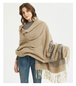 Detail of oatmeal thick cashmere-feel scarf with blue stripes and long fringe texture