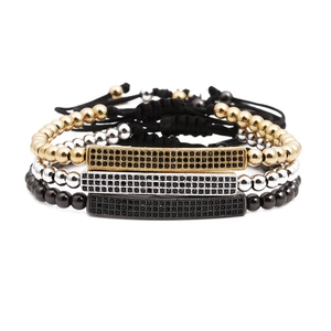 Bracciali intrecciati con zirconi rettangolari, sfere in oro, argento e nero lucido